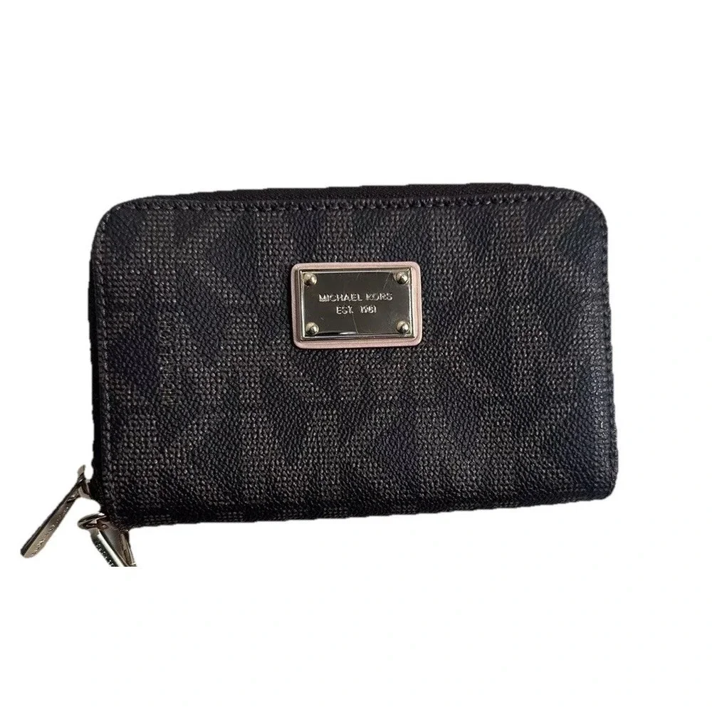 Michael Kors Patent Leather Wristlet Wallet Monogram Gold Black Zip Designer